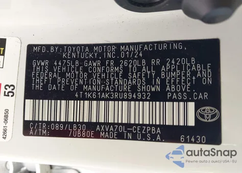 2024 Toyota Camry Xse from USA, damaged, VIN 4T1K61AK3RU894932